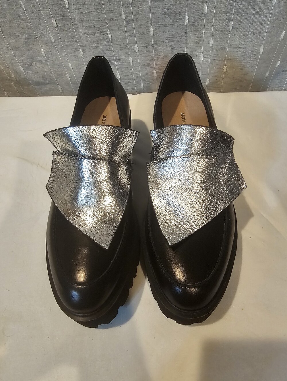 ALL BLACK platform Loafers With Silver Accent.  Sample Size 7
